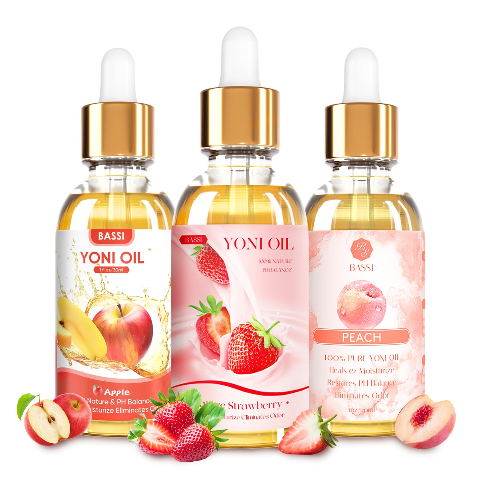BASSI yoni oil packaging shows the 3-piece set for daily intimate care.