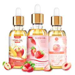 BASSI yoni oil packaging shows the 3-piece set for daily intimate care.