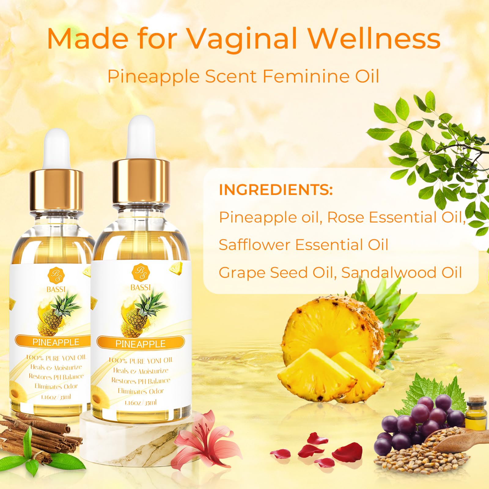 Pineapple scent detail in BASSI yoni oil highlighting fresh fragrance.