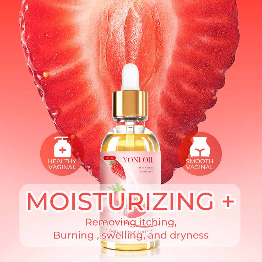 Close view of the BASSI yoni oil bottle front for easy daily use.