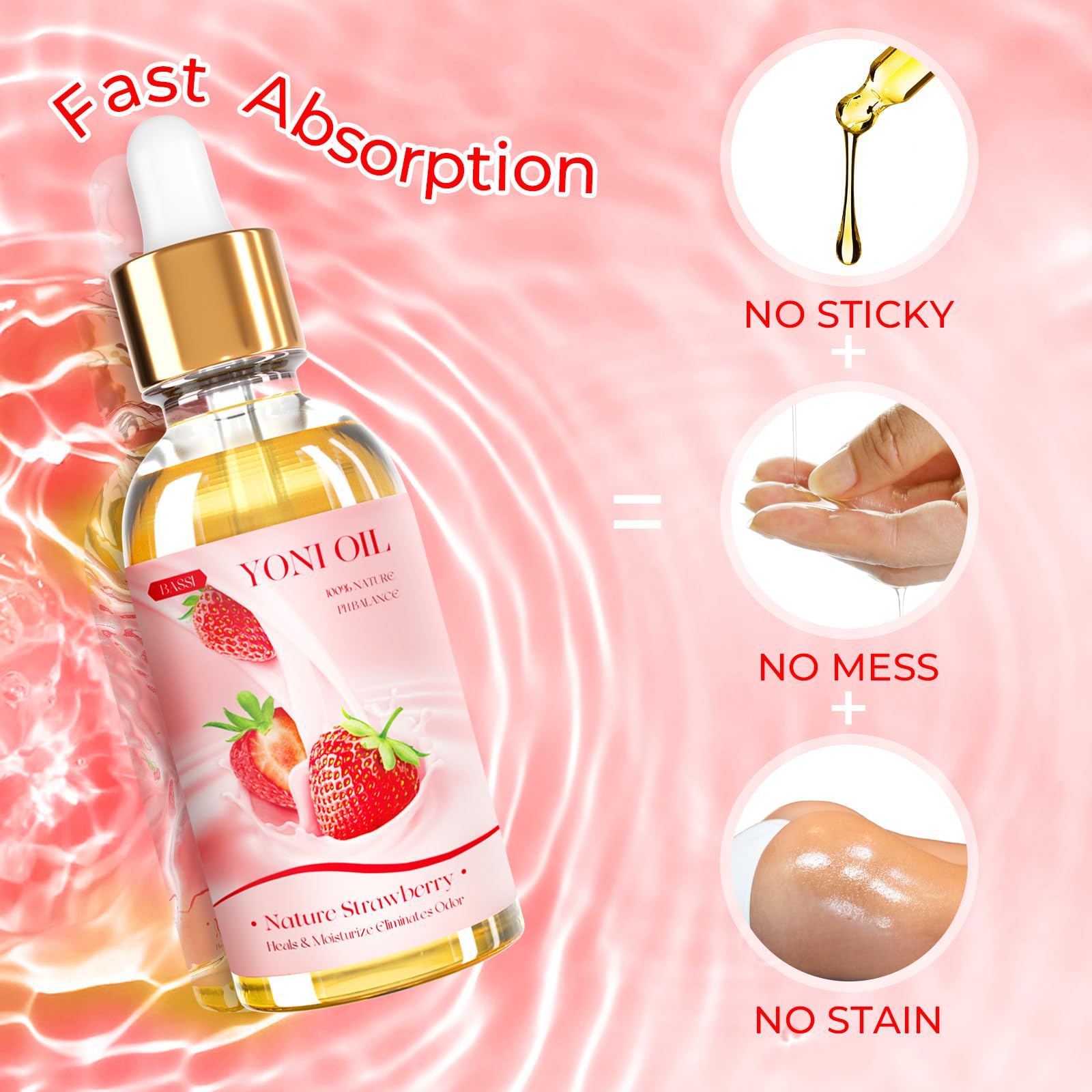 BASSI yoni oil with fruity-floral scent derived from strawberry, peach, and apple.