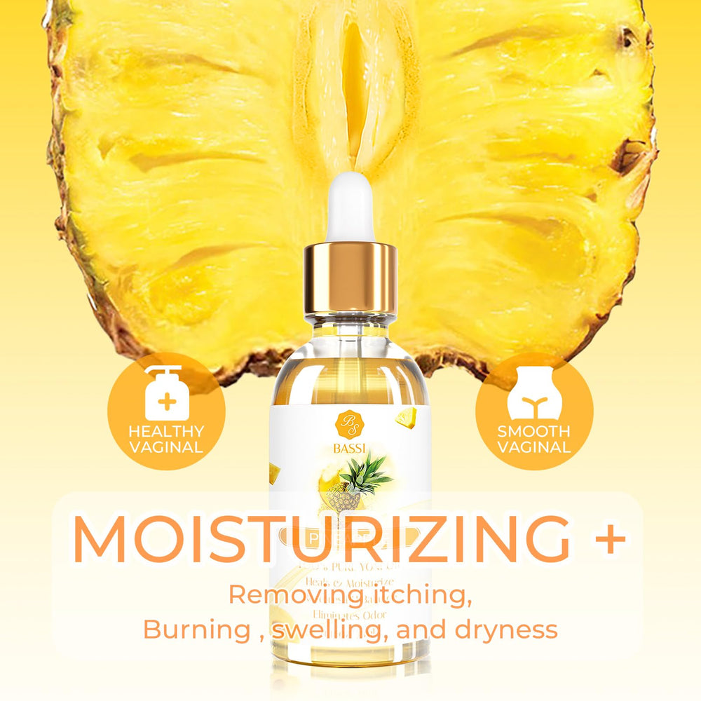 BASSI yoni oil packaging box highlights organic and hypoallergenic formulation.