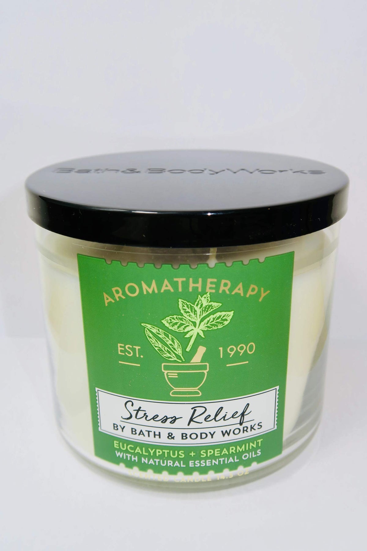 Bath & Body Works Aromatherapy Stress Relief candle with eucalyptus and spearmint for calming ambiance.