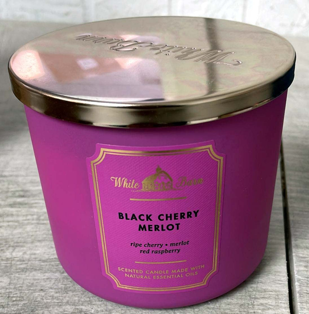 Bath and Body Works Black Cherry Merlot 3-wick candle closeup highlighting rich aroma
