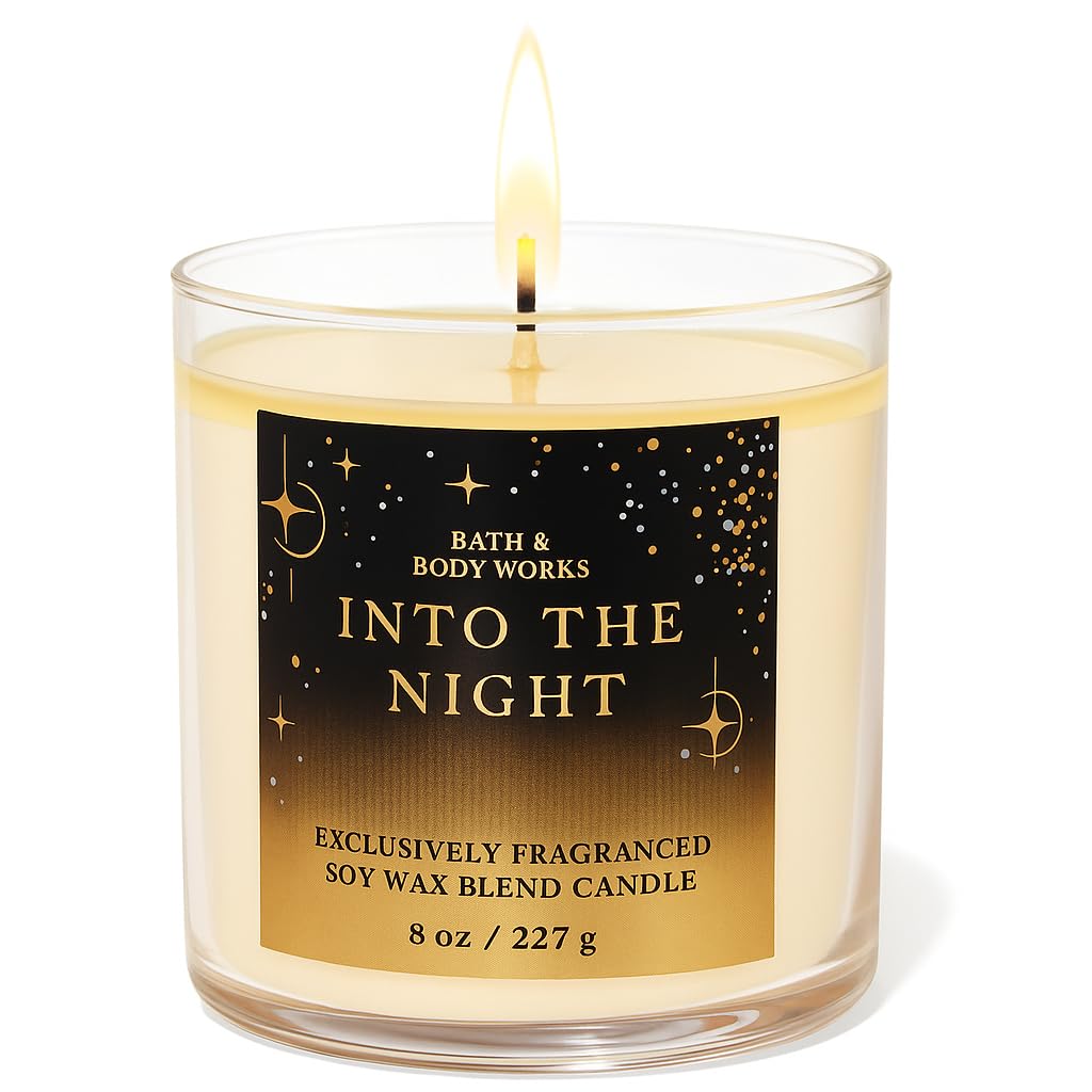 Bath & Body Works Into The Night single wick candle in an 8 oz jar emits warm ambience.