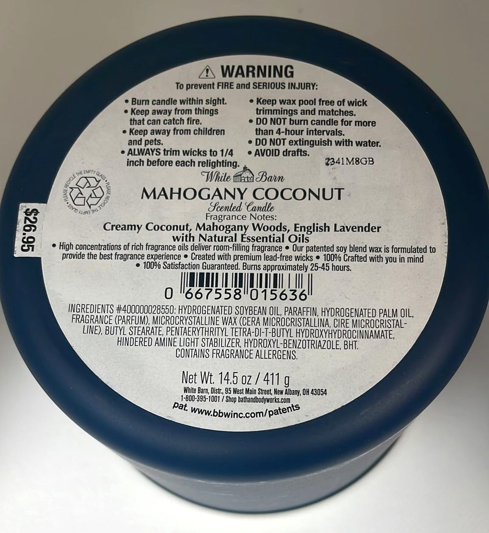 Bath & Body Works mahogany coconut fragrance candle with coconut and wood notes for a cozy mood.