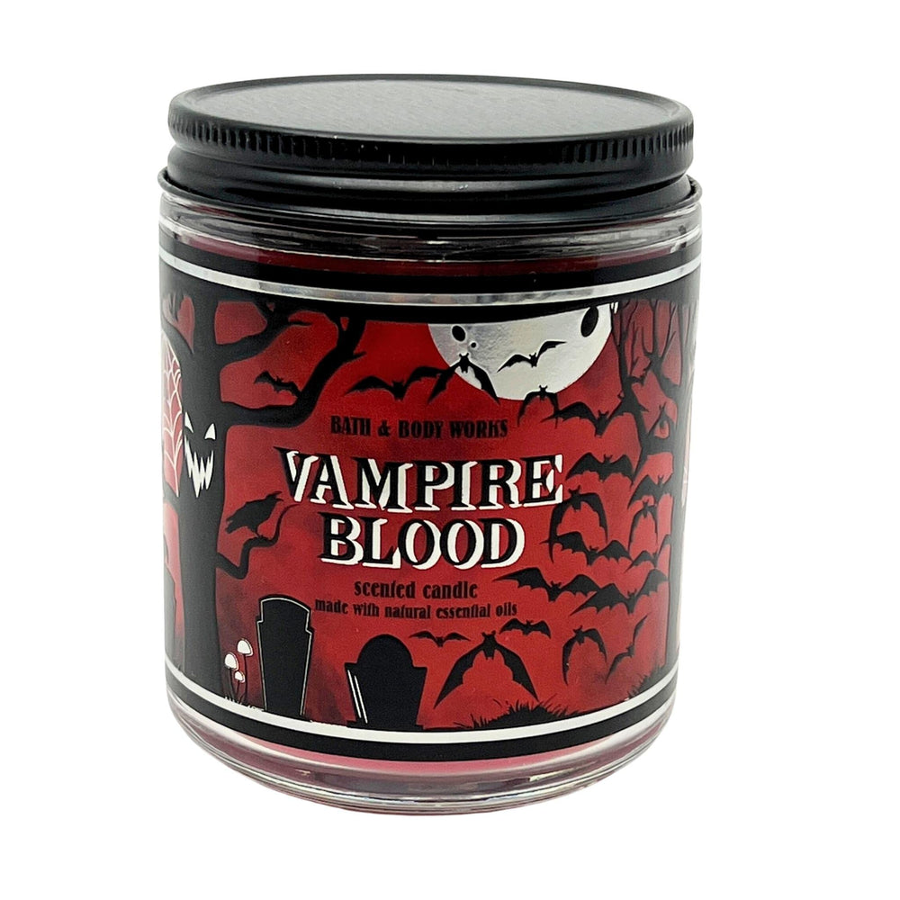 Bath & Body Works Vampire Blood 1-Wick Candle jar in red metal for Halloween ambiance.