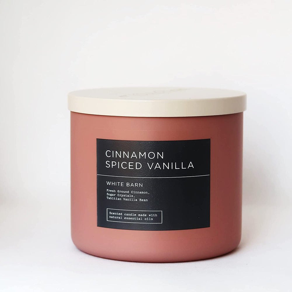 Bath & Body Works White Barn 3-Wick Candle in Cinnamon Spiced Vanilla for cozy home fragrance.