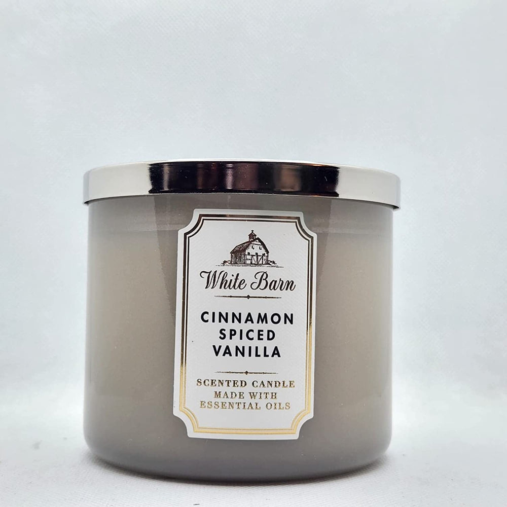 Bath and Body Works White Barn 3-Wick Candle Cinnamon Spiced Vanilla 360 view highlights aroma for cozy spaces