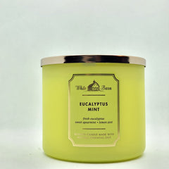 Bath & Body Works White Barn 3-Wick Candle Eucalyptus Mint, jar close-up for a fresh ambiance.