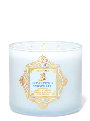 Bath and Body Works White Barn 3-Wick Candle in Eucalyptus Snowfall jar enhances cozy spaces with refreshing aroma.