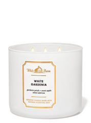 Close-up label of Bath & Body Works White Barn candle highlighting White Gardenia.