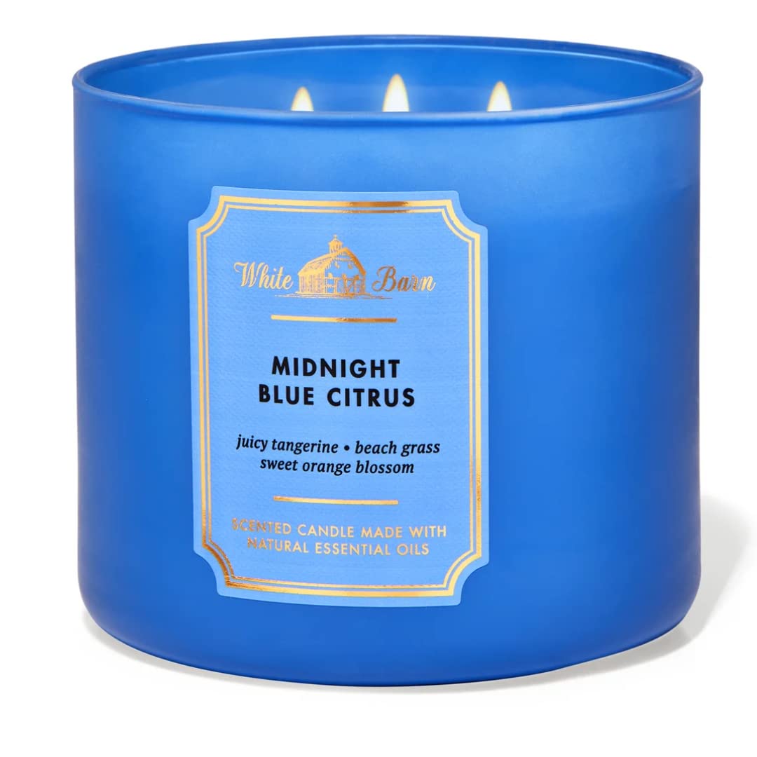 Bath & Body Works White Barn 3-Wick Midnight Blue Citrus candle bottle for a refreshing room aroma.