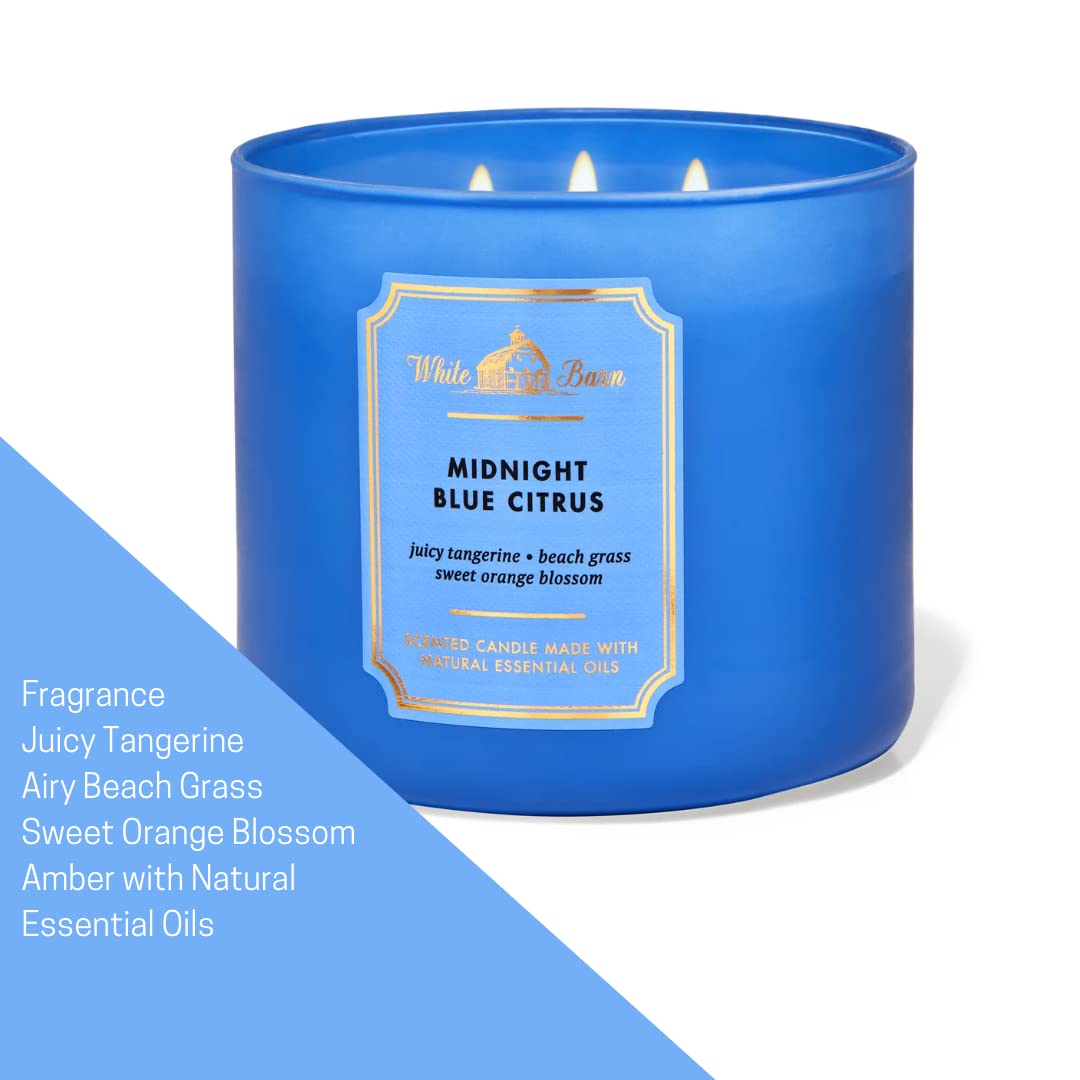 Bath & Body Works White Barn 3-Wick Midnight Blue Citrus jar highlights a vibrant, long-lasting scent.