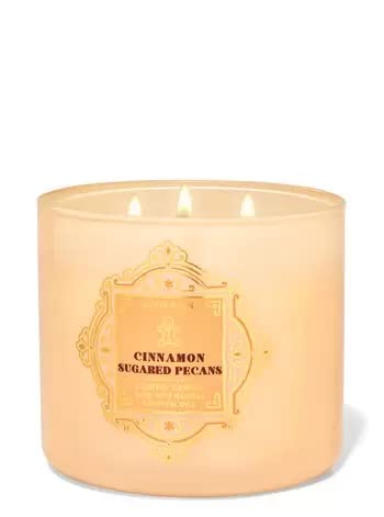 Bath & Body Works White Barn 3-Wick Candle with Cinnamon Sugared Pecans in jar label for festive ambiance.
