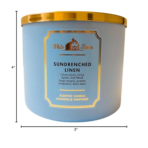 Bath & Body Works White Barn Sundrenched Linen 3-Wick Candle decorative lid complements seasonal decor