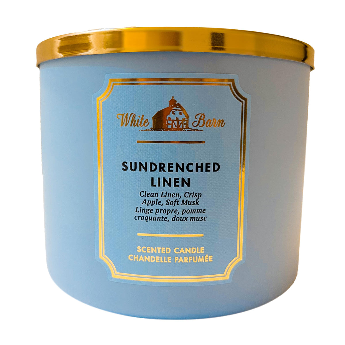 Bath & Body Works White Barn Sundrenched Linen 3-Wick Candle front view for bright, fresh aroma
