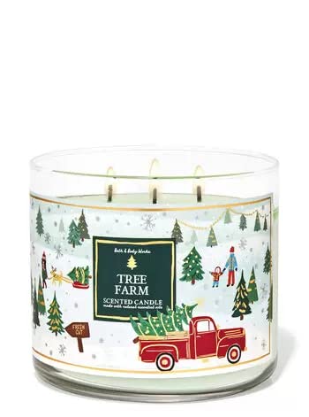 Bath & Body Works White Barn Tree Farm artwork highlights festive candle design for holiday decor.