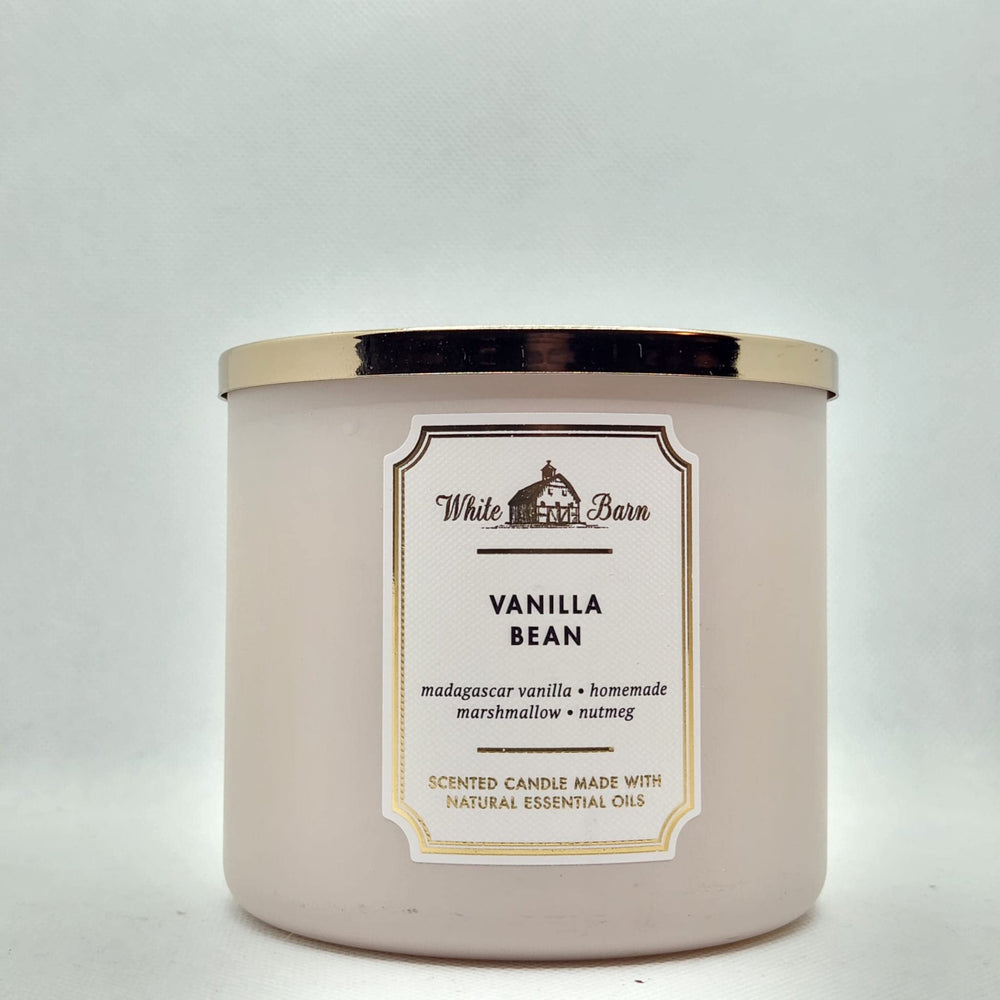 Bath & Body Works White Barn Vanilla Bean 3-Wick candle jar front for a warm living room ambiance.