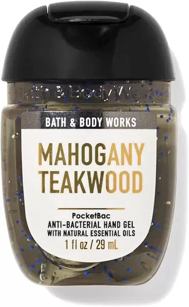 Bath and Body Works PocketBac Mahogany Teakwood bottle closeup; woodsy scent for anytime use.
