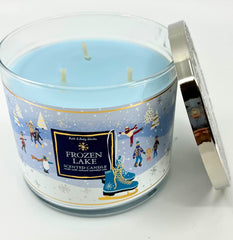 Bath & Body Works White Barn packaging for Frozen Lake candle, winter decor ready