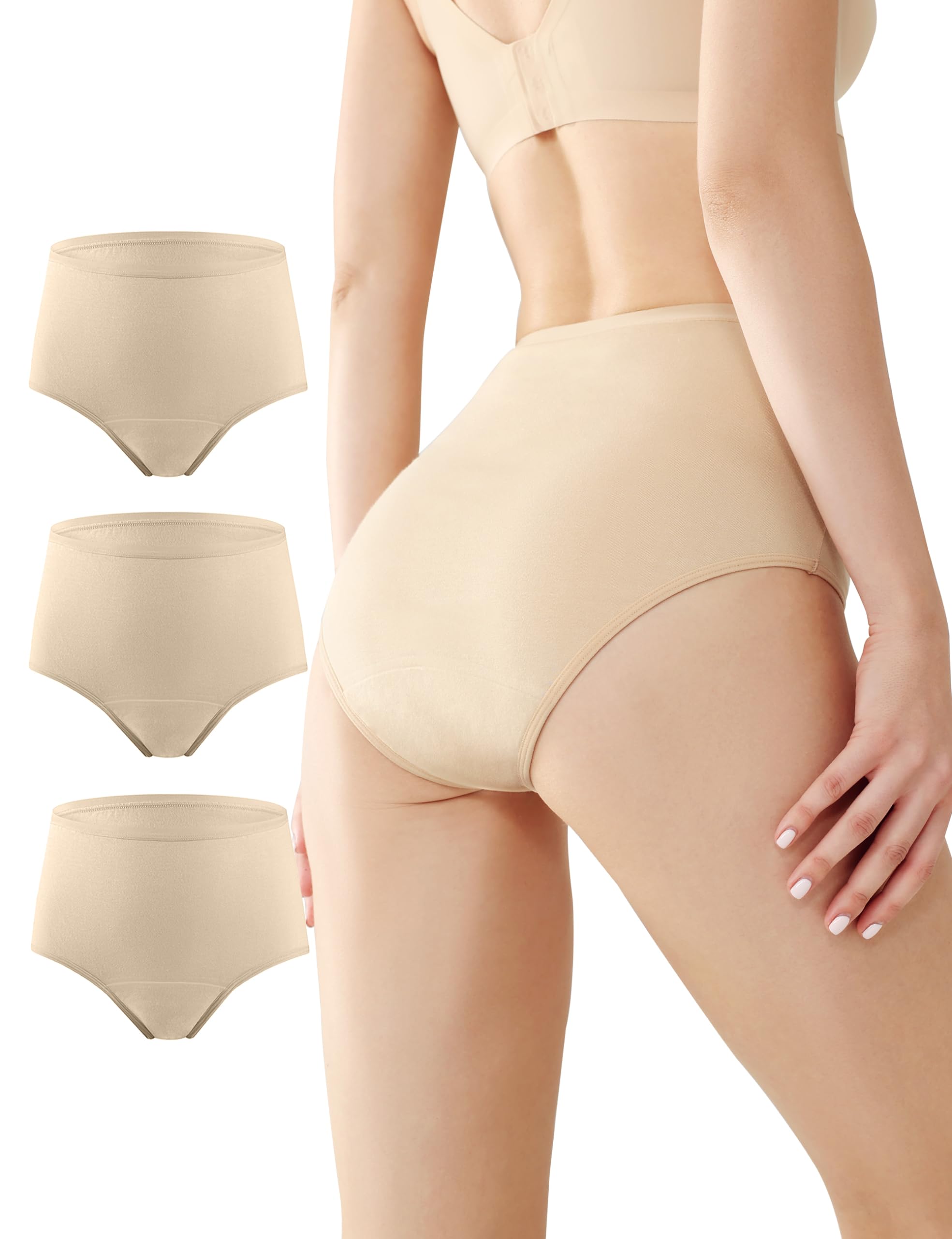 Battewa leak-proof underwear for women shown from the front in beige, high-waist comfort.