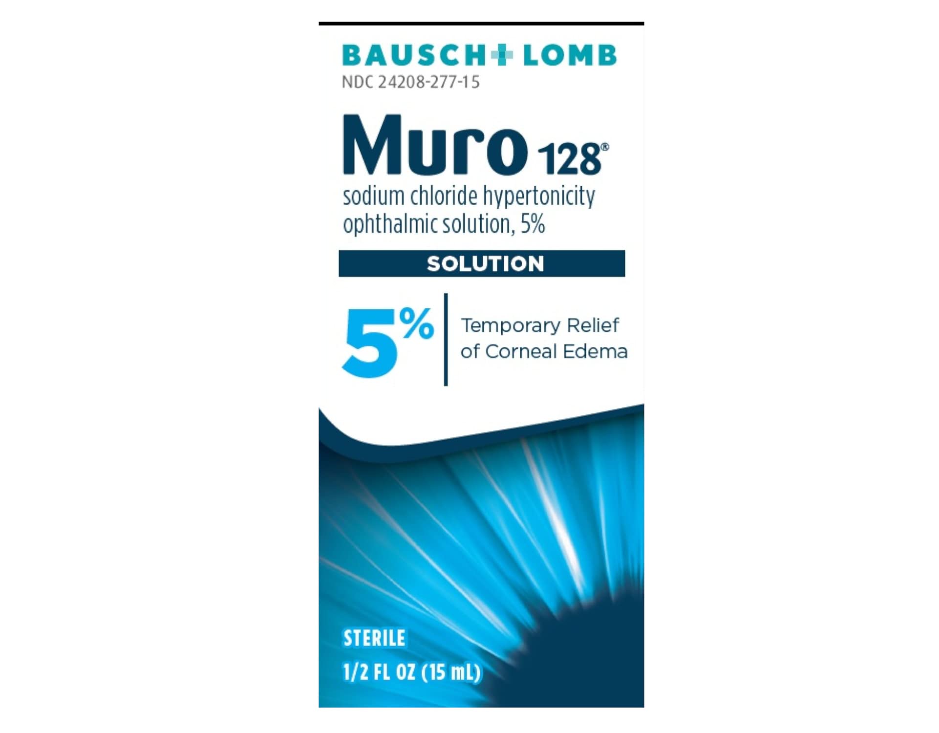 Bausch & Lomb Muro 128 bottle with 0.5 oz ophthalmic solution for corneal edema relief.