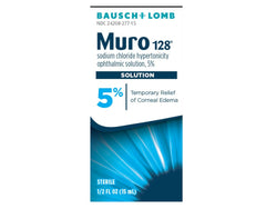 Bausch & Lomb Muro 128 bottle with 0.5 oz ophthalmic solution for corneal edema relief.