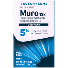 Bausch + Lomb Muro 128 ointment tube for corneal edema relief.