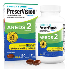PreserVision AREDS 2 soft gels visible, easy-to-swallow daily tablets