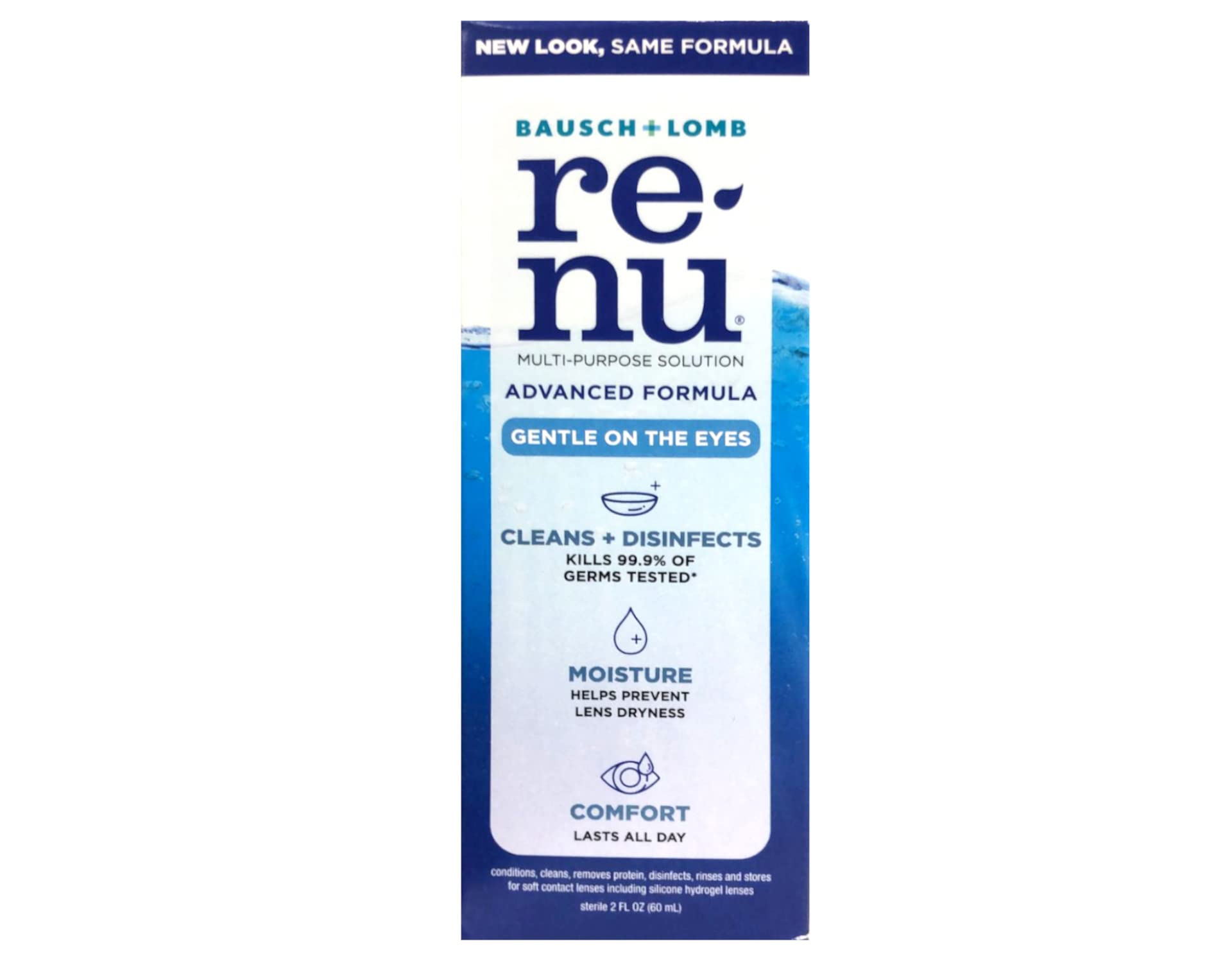 Bausch + Lomb Renu Advanced bottle pour demonstrates simple lens care preparation.