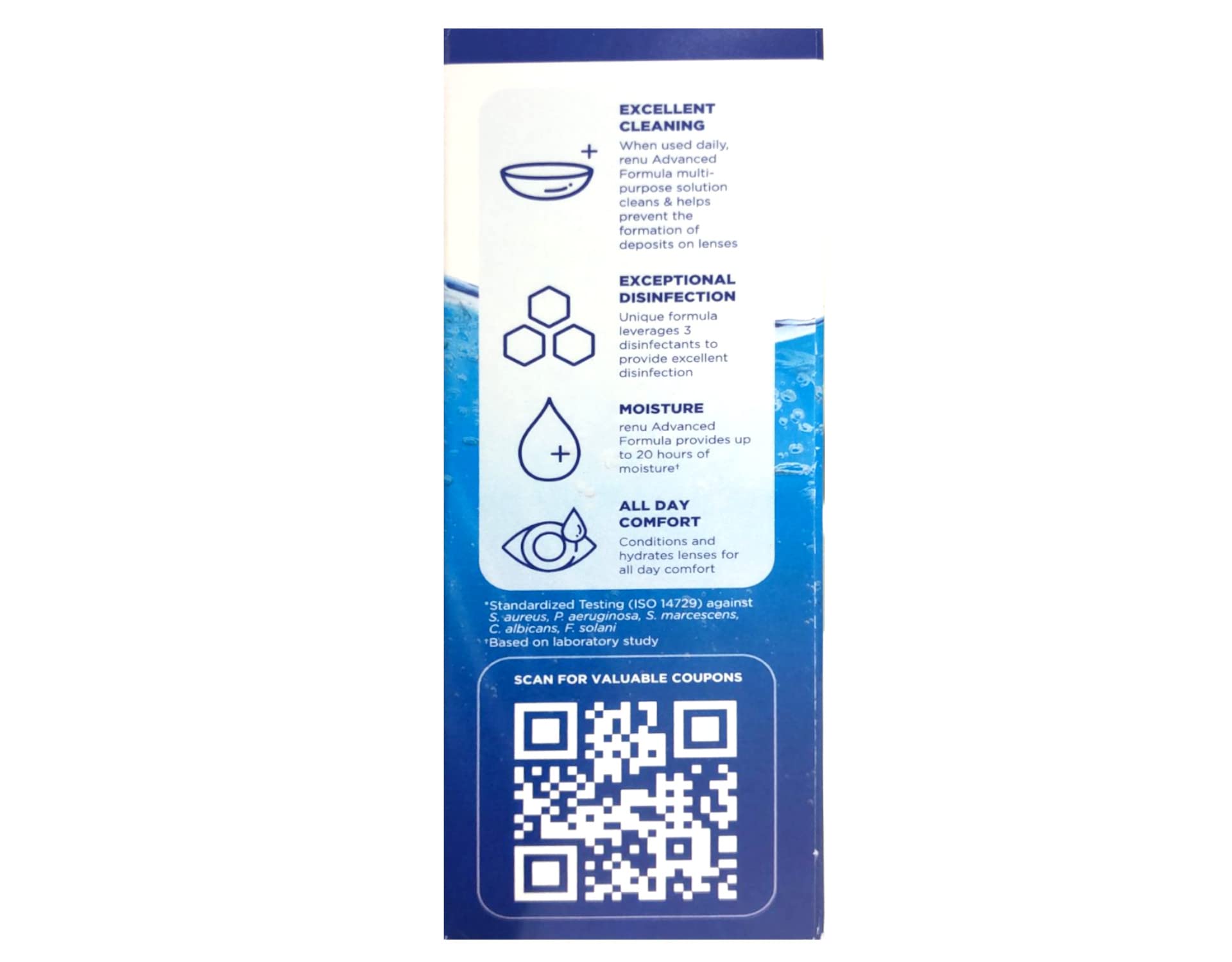 Bausch + Lomb Renu Advanced being used to rinse lenses during care.