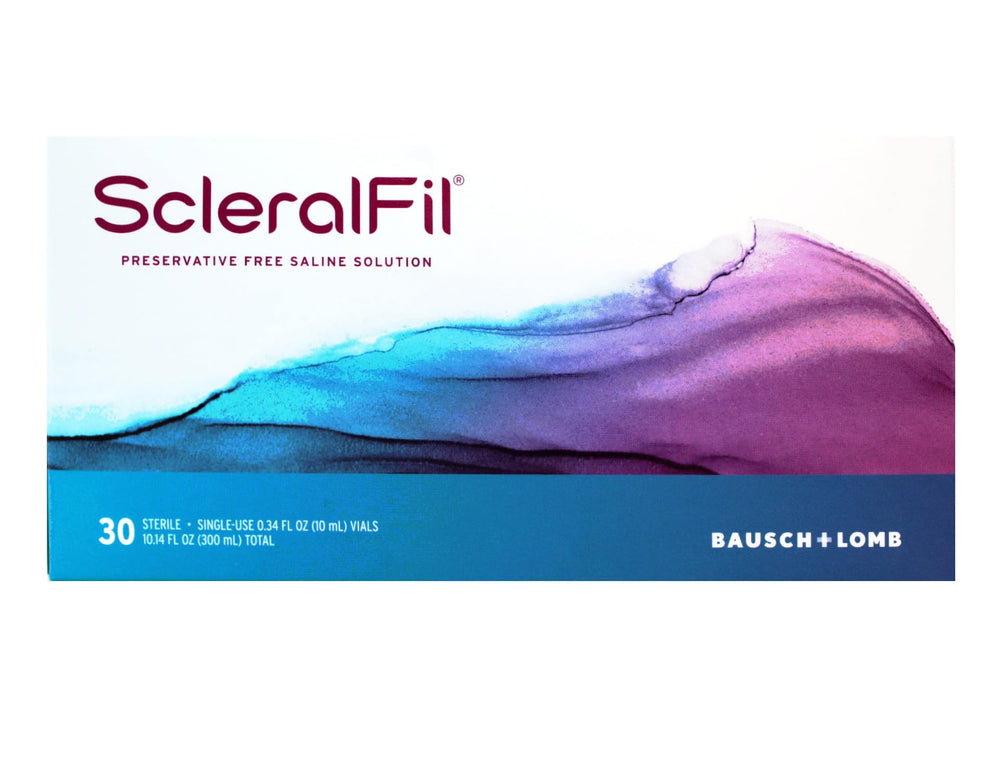 ScleralFil preservative-free saline vial, travel-friendly and sterile.