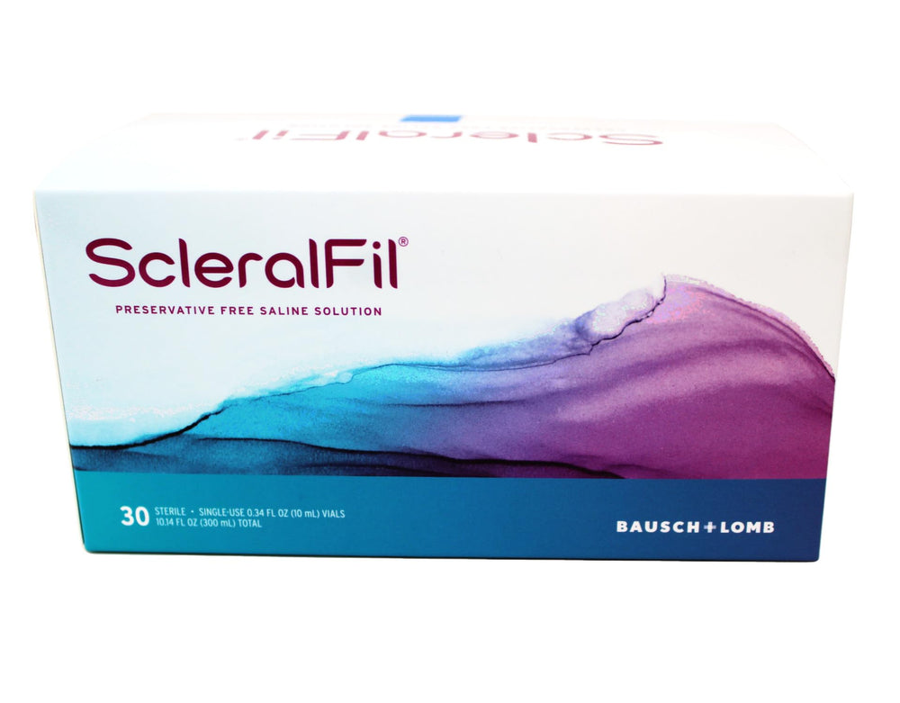 Close-up of ScleralFil vial emphasizing gentle lens cleaning and insertion.