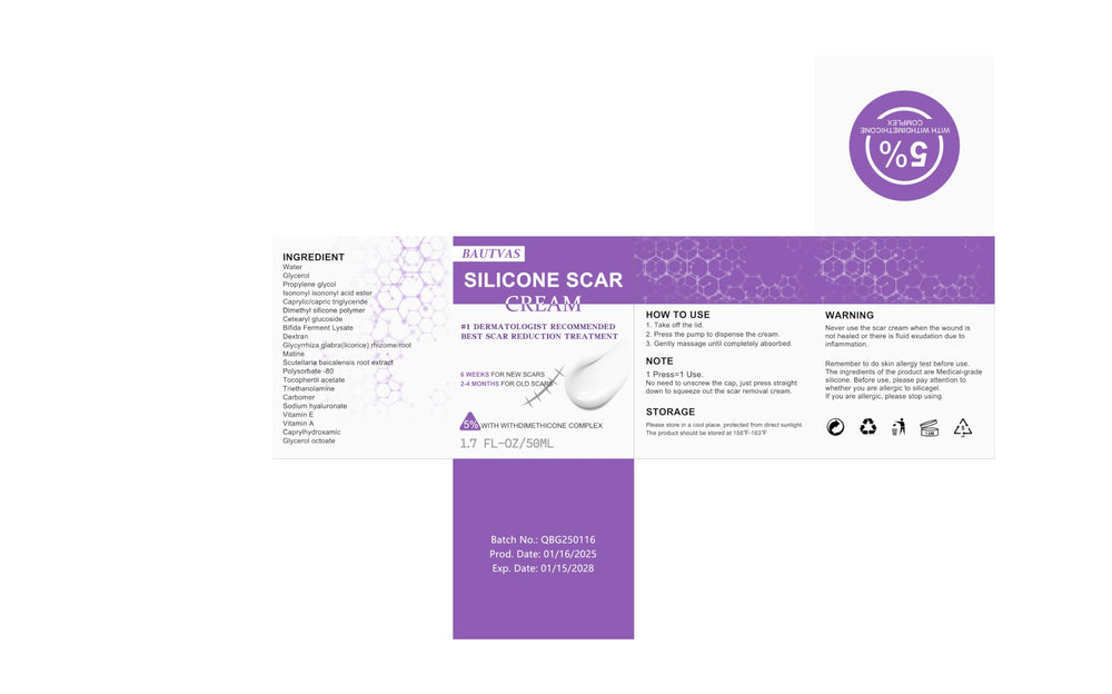 Packaging display of BAUTVAS Advanced Scar Cream highlighting clean design