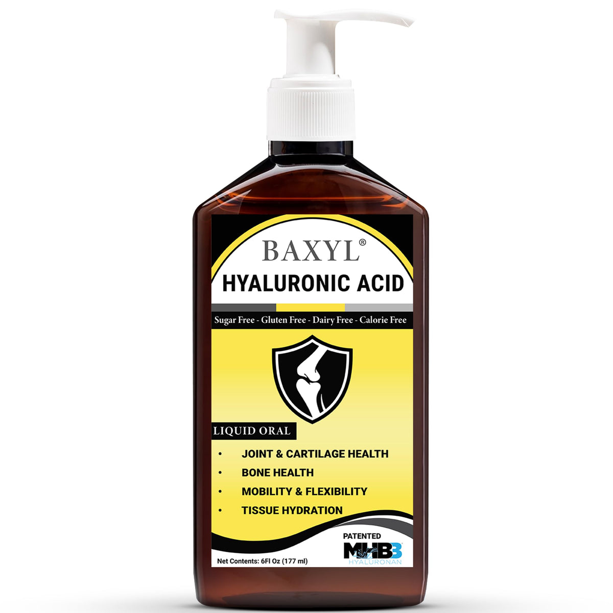 BAXYL liquid hyaluronic acid bottle on shelf for joint support.