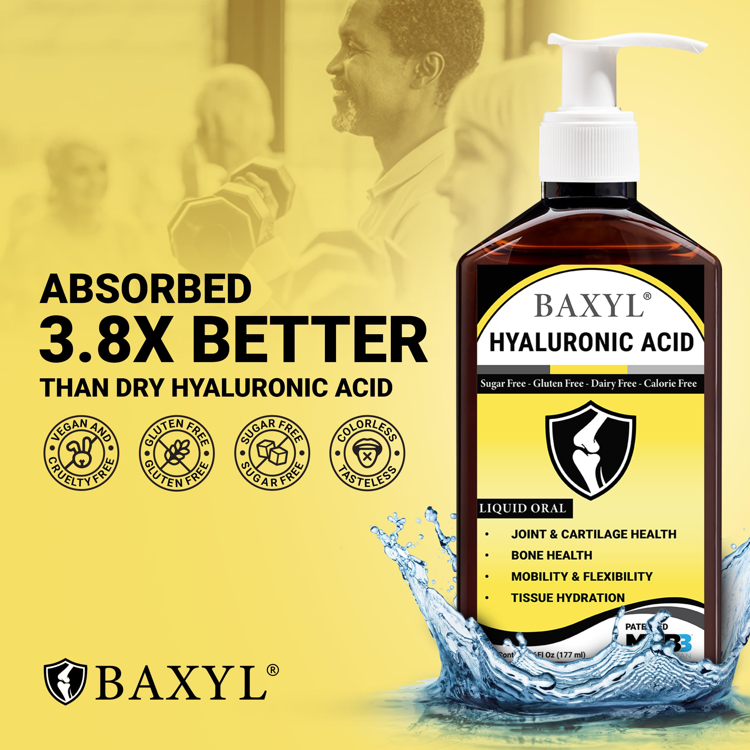BAXYL liquid hyaluronic acid being poured for easy dosing.