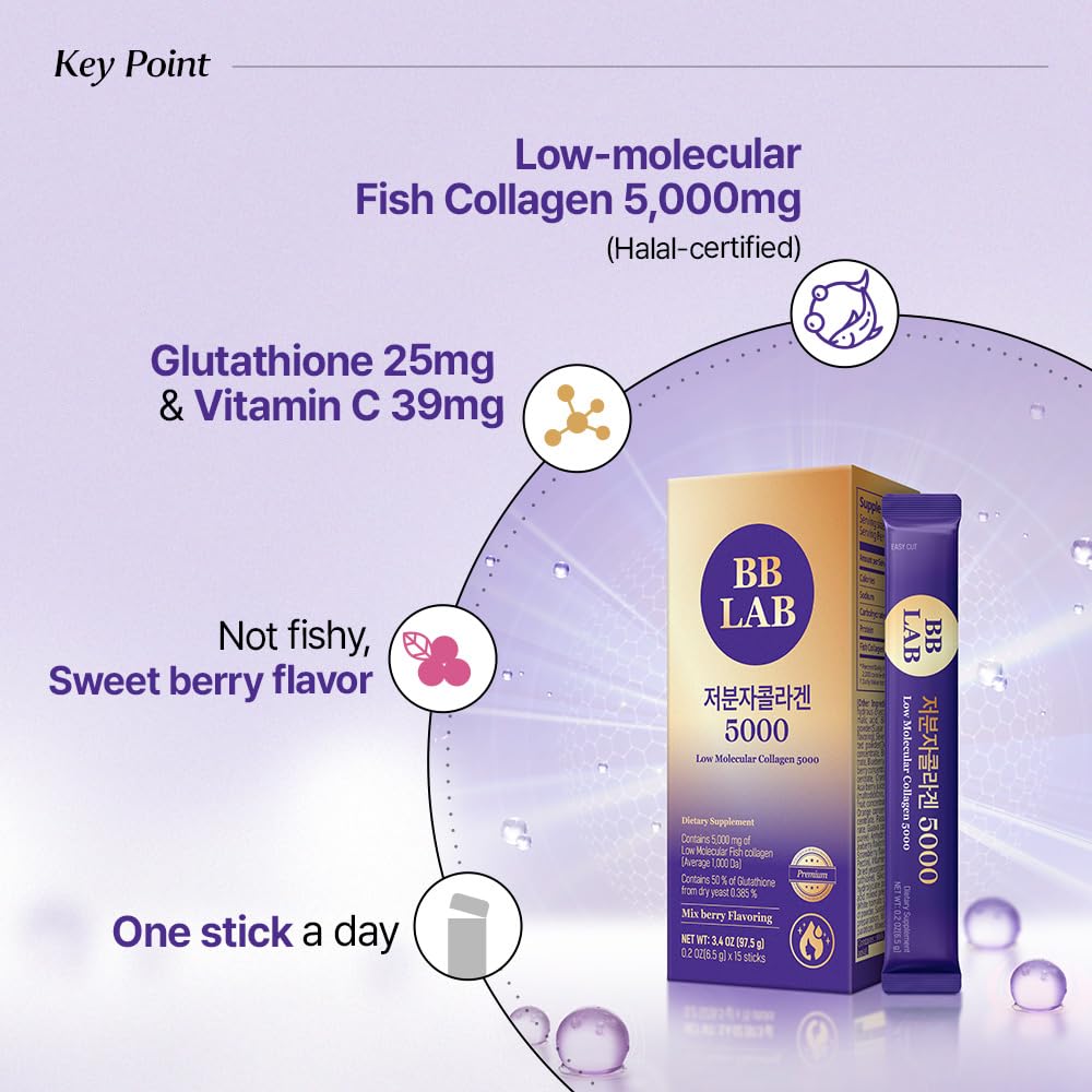 BB LAB collagen powder texture close-up highlights fine hydrolyzed peptides for better absorption.