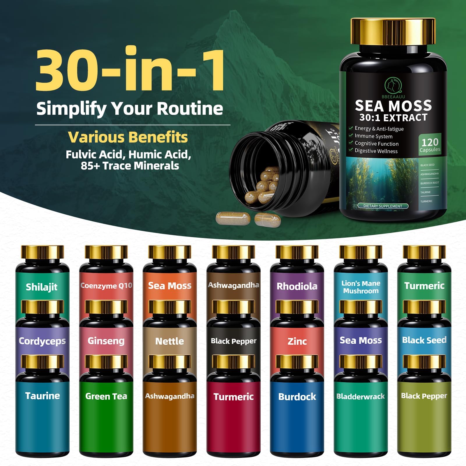 BBEEAAUU Morning routine set with energy-boosting supplements.