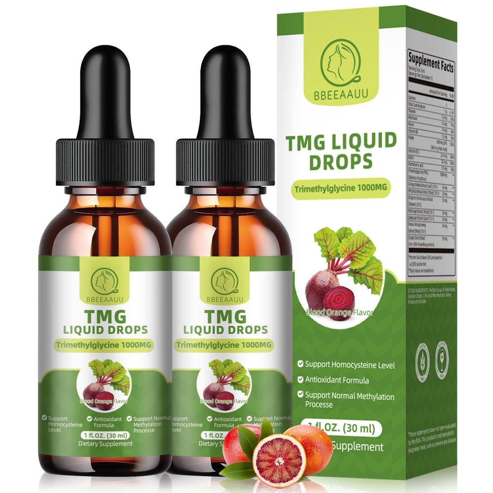 BBEEAAUU TMG liquid drops bottle with citrus flavor for daily focus and energy.