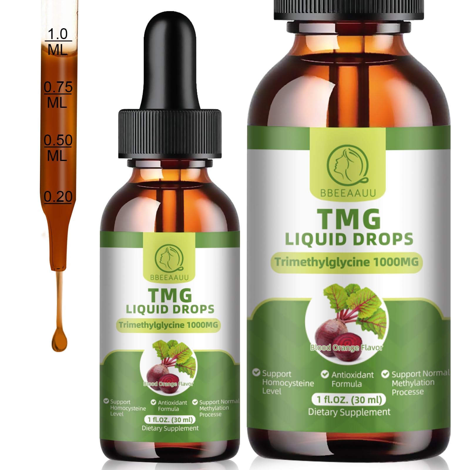 BBEEAAUU TMG liquid drops bottle label signals quality and vegan, non-GMO ingredients.