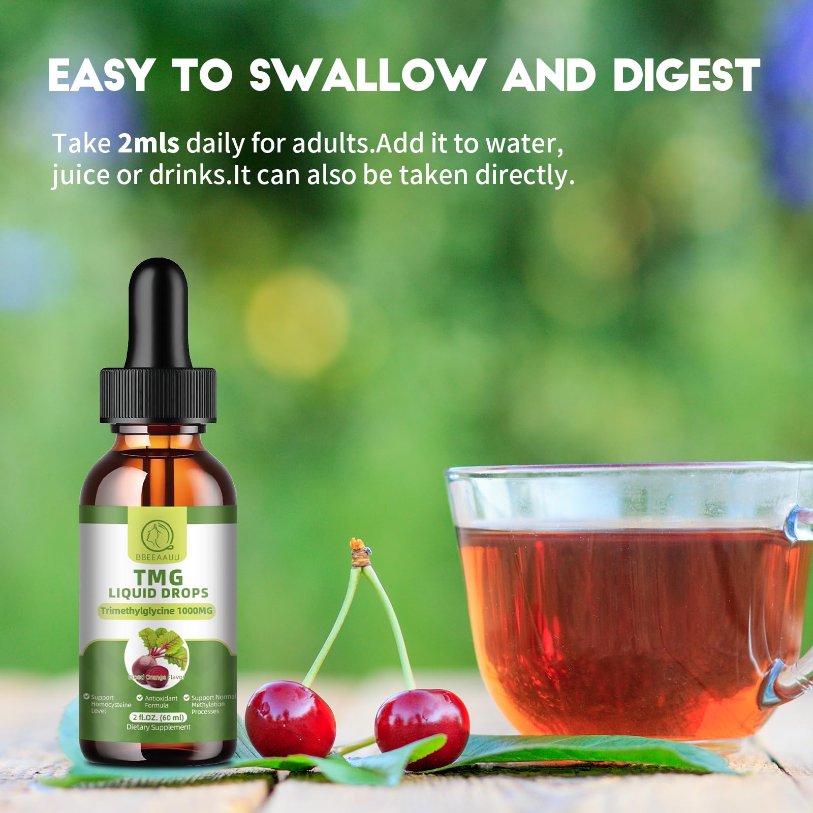 BBEEAAUU TMG liquid drops packaging front — vegan, gluten-free, plant-based ingredients.