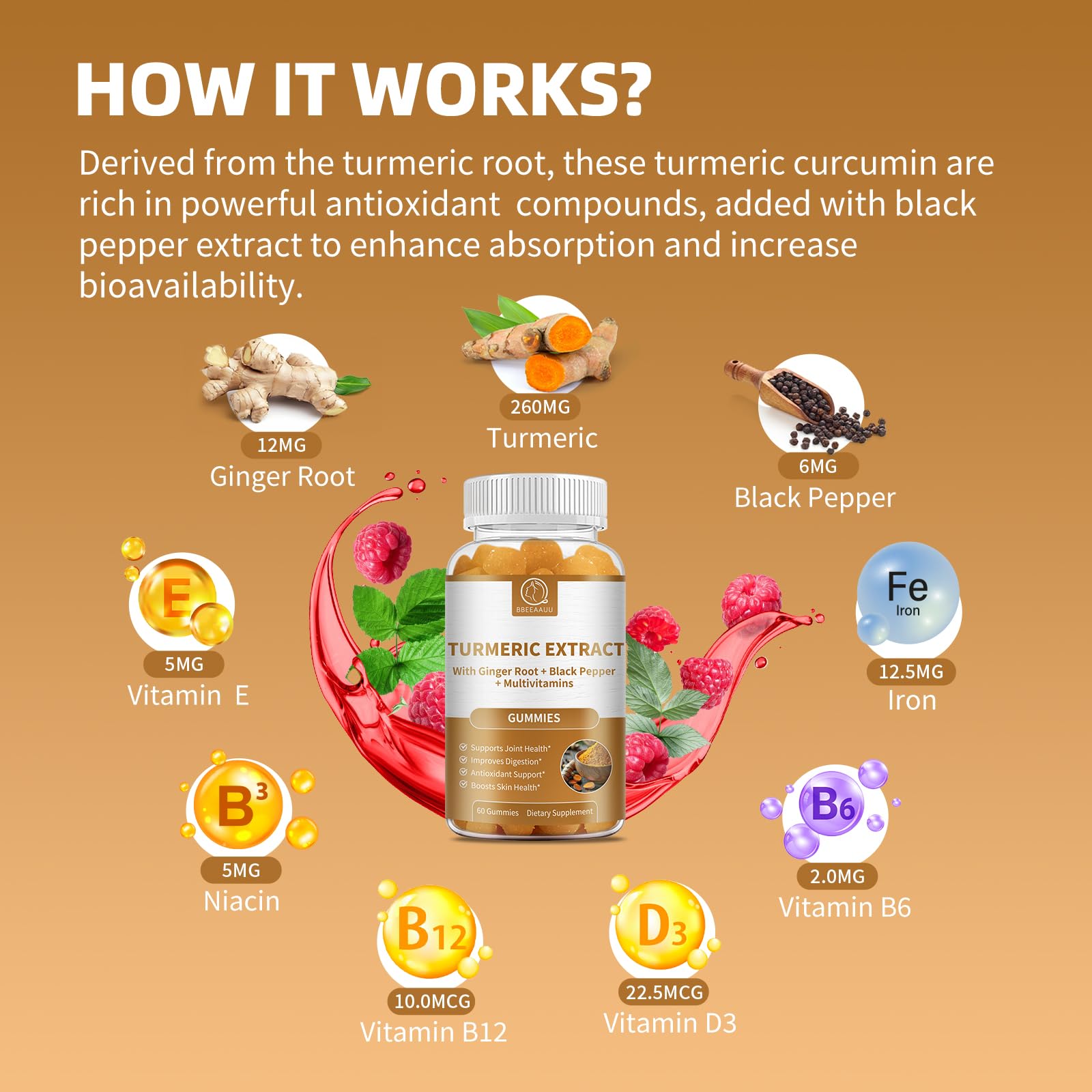 BBEEAAUU turmeric curcumin bottle back panel lists vitamins and wellness benefits.