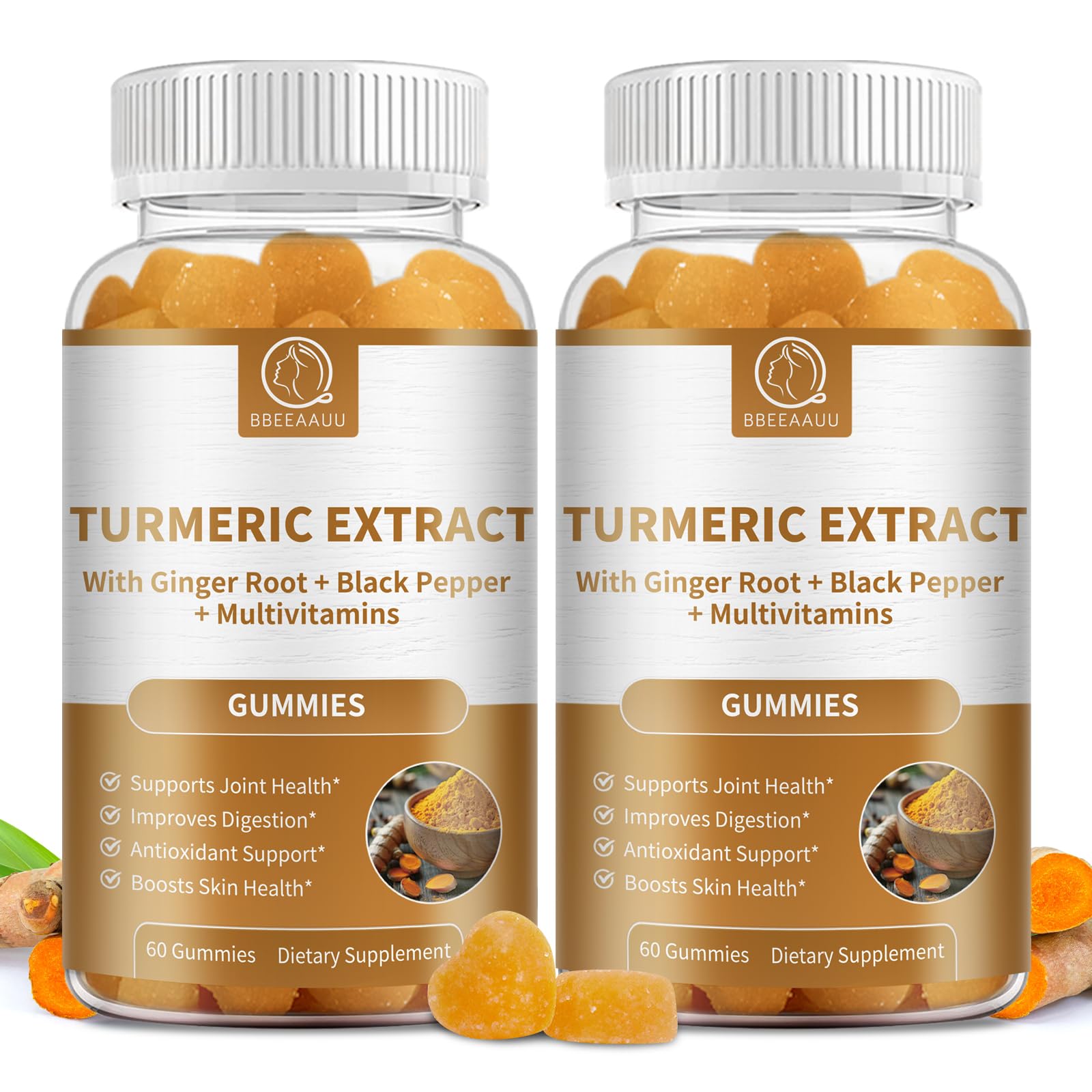 BBEEAAUU turmeric curcumin raspberry gummies bottle for joint and digestion support.