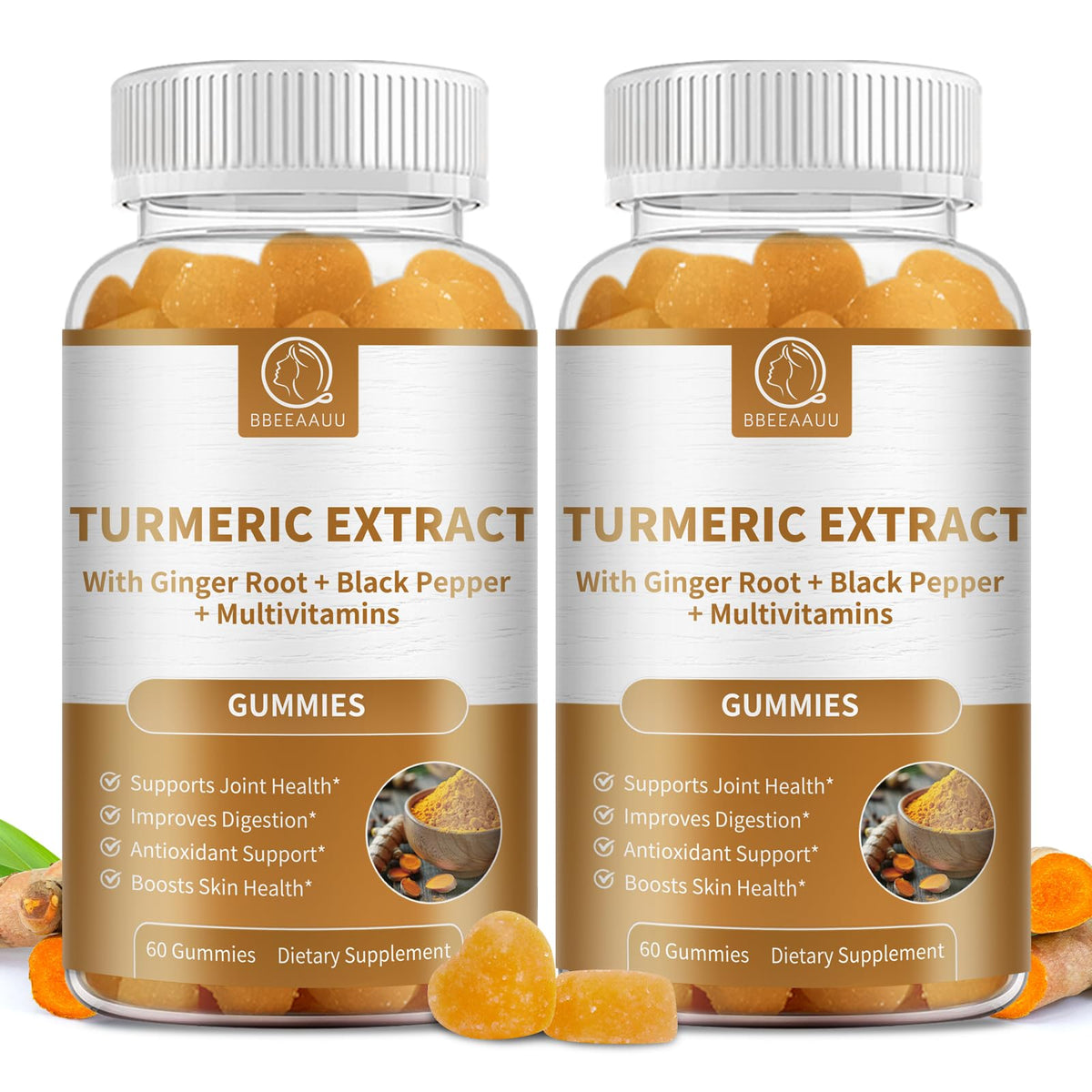 BBEEAAUU turmeric curcumin raspberry gummies bottle for joint and digestion support.