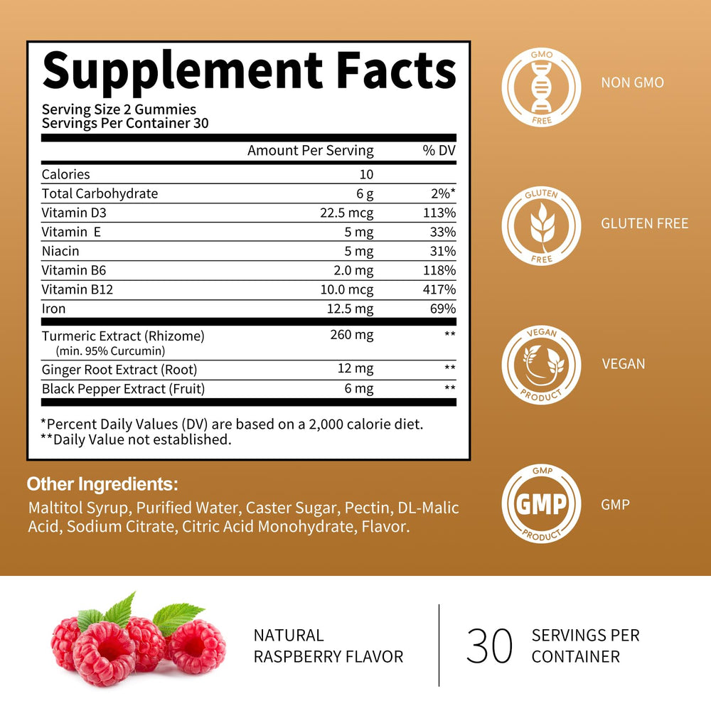 BBEEAAUU turmeric curcumin gummies closeup label highlights black pepper for enhanced absorption.