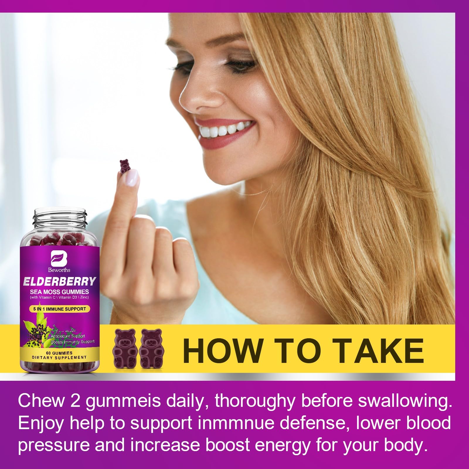 BBeworths Elderberry Gummies digestive health graphic with sea moss benefits.