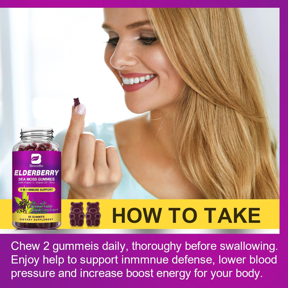 BBeworths Elderberry Gummies digestive health graphic with sea moss benefits.