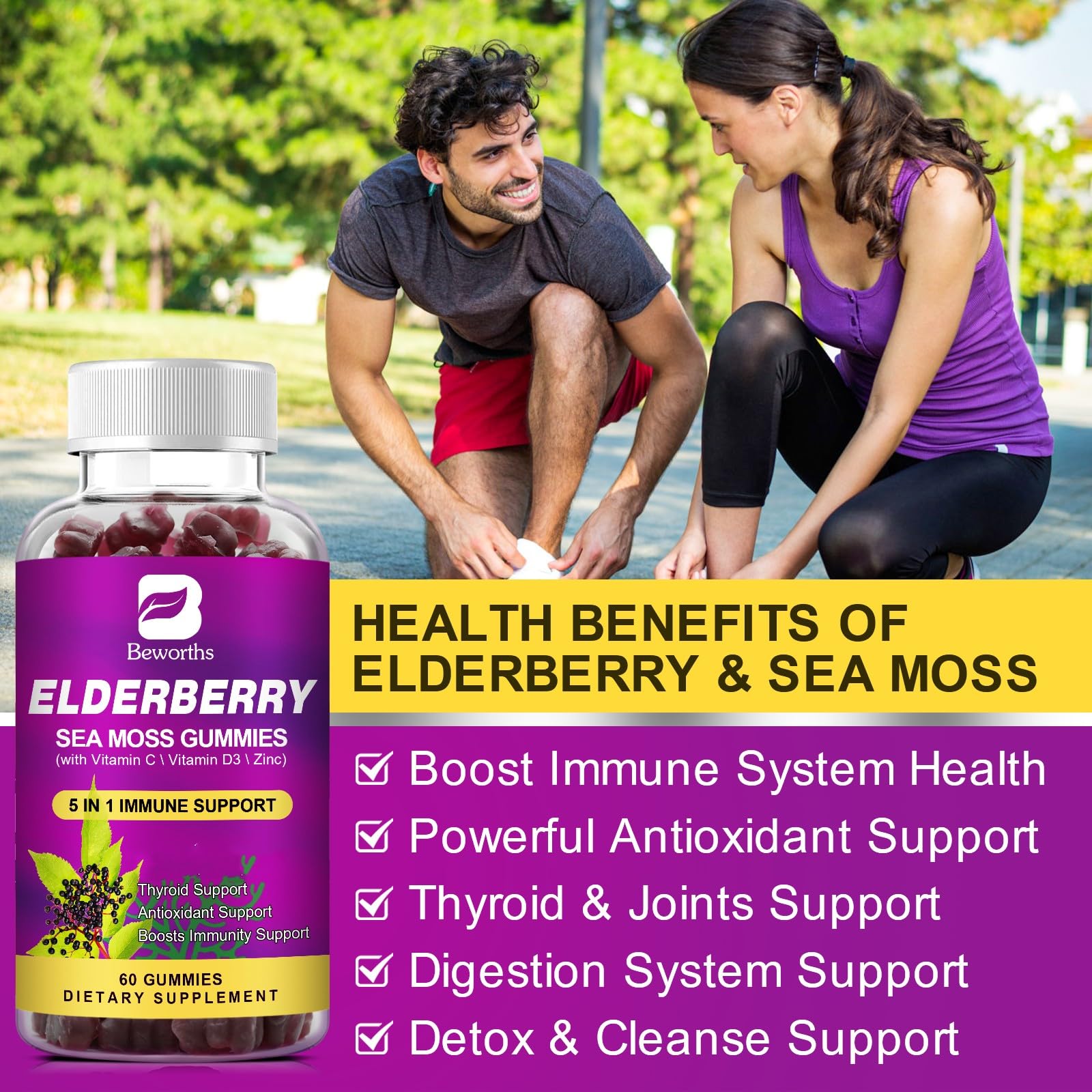 BBeworths Elderberry Gummies nutrient label highlights zinc, vitamin C, and D3.