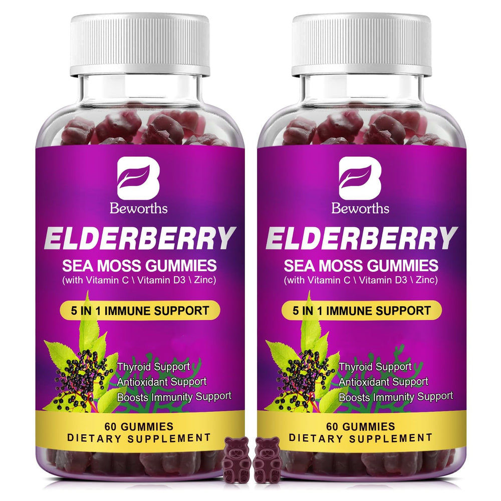 BBeworths Elderberry Gummies Sea Moss bottle supports immune health and energy.